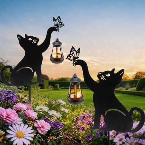 Black Cat Solar Lights Outdoor, 2 Pack Cat Garden Decor by CabyGift