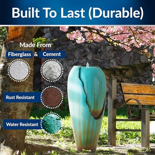 Alpine Corporation 33" Tall Outdoor Antique Jar Water Fountain, Vintage Cascading Design with LED Lights, Garden, Patio & Yard Decor, Turquoise - Image 3