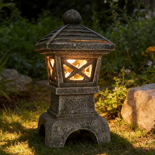 Solar Pagoda Garden Statue Outdoor Japanese Stone Lantern Asia Patio Decor - Image 5