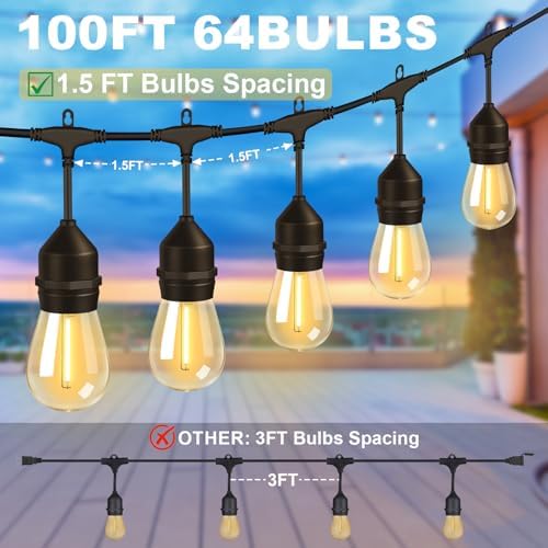 100FT Outdoor String Light 64Bulbs (1.5FT Bulbs Spacing),120W Dimmer Remote - Image 2