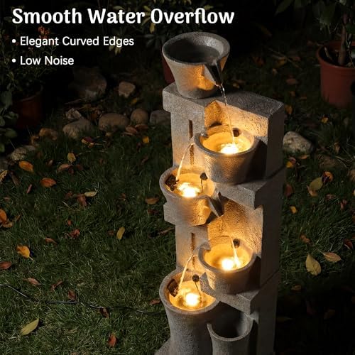 Redlife 49.6" Tall Outdoor Waterfall Fountain, 5-Tier Modern Stone-Look Garden Water Feature with Warm LED Lights & Adjustable Pump, Large Floor-Standing Waterproof Resin Fountain for Patio,Yard, Deck - Image 3