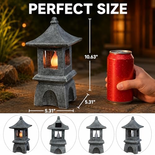 Solar Pagoda Lantern Japanese-Style with LED Flickering Flame Light, Zen Garden Statue Waterproof Resin Stone Finish Outdoor Decorations for Patio Yard Lawn, Housewarming Gifts for Mom Women - Image 4