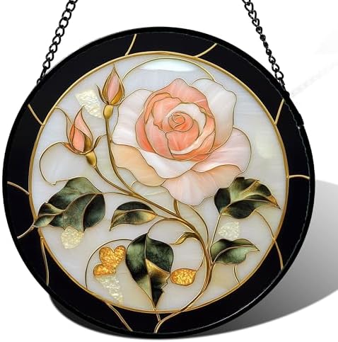 Pink Rose Stained Glass Window Hanging Suncatcher Gifts for Women 9.8" by amderven