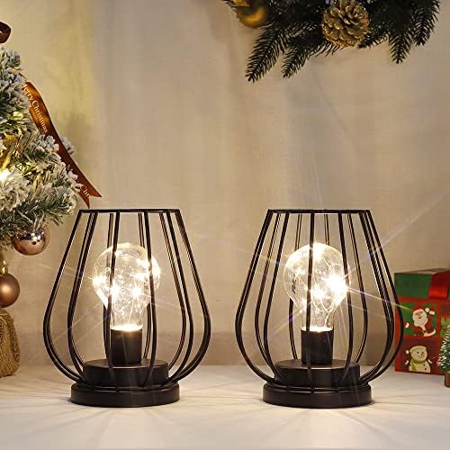 TRIROCKS Set of 12 Metal Battery Operated Lamp 7'' Tall mini Cage Shape Cordless Table Lamp Battery Lanterns with Warm Fairy Lights Bulb for Patio Garden Wedding Parties Indoor Outdoor(Black) - Image 6