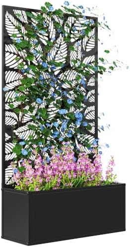 Outsunny Metal Raised Garden Bed with Trellis, Small Leaves Cut-Outs by Outsunny