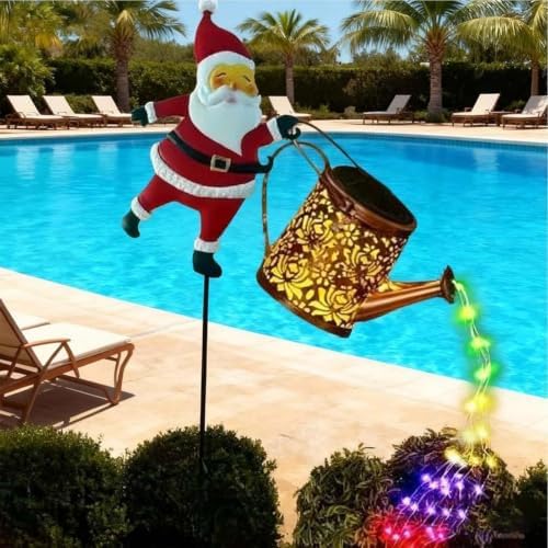 Christmas Solar Lights Outdoor Santa Claus Watering Can Metal Stake Lamp - Image 3