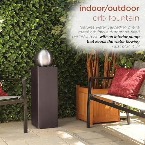 Alpine Corporation CPS188 Indoor Outdoor Modern Metal Orb Water Floor Fountain with River Rock Stone for Patio, Garden and Living Room, 37" H, Brown - Image 4
