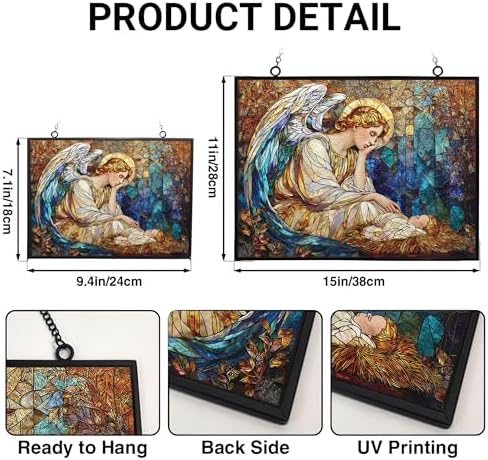 Personalized Rectangle Religious Christmas Angel with Manger Star Stained Glass Suncatcher Stained Glass Window Hanging Home Decor Garden Halloween Christmas Wedding Housewarming Gifts - Image 3