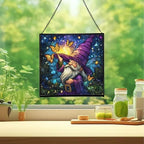 Magic Hat Gnome Stained Glass Suncatcher – Square Hanging Window Panel for Home or Greenhouse – Whimsical Glass Art Gift for Garden Lovers, Christmas, Halloween, Father Days OePCrS - Image 2