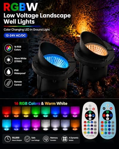 RGBW Low Voltage Landscape Lights, 10W Color Changing LED Well Lights with 40 Connectors, IP68 Waterproof Outdoor In-Ground Lights for Pathway Garden Yard Tree, 12V-24V (10 Pack) - Image 2