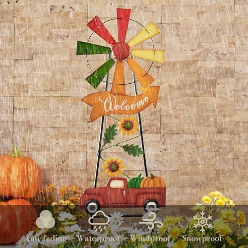TERESA'S COLLECTIONS Fall Outdoor Decor, Wind Spinners Yard Stakes, Metal Pumpkin Fall Garden Decorations, Thanksgiving Welcome Sign, Rustic Autumn Sunflower Decor for Lawn Patio, 35" - Image 4