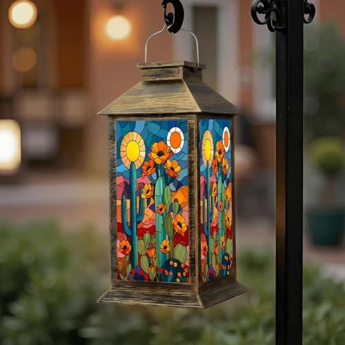 Solar Lantern Outdoor Waterproof Stained Glass Desert Scene Bright Orange Flowers Under Sunlit Sky Garden Decor LED Hanging Solar Lights Tabletop Lamp Gifts for Women Mom Outside Yard Patio Porch by DERUINVAIO