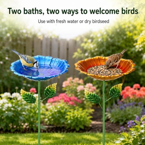 2 Pack Bird Baths for Outdoors, Metal Flower Garden Stakes, Blue & Orange - Image 2