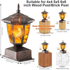 Dynaming 4 Pack Solar Flame Post Lights Outdoor, Solar Powered Lamps Fence Post Cap Lights, Flickering Flame LED Lantern Waterproof for Garden Deck Patio, Fit 4x4, 5x5 or 6x6 Wooden Posts, Bronze - Image 2