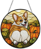 Corgi Butt Pumpkin Field Stained Glass Suncatcher 11.8" Colorful Window Hanging Ornament, Sun Catcher Decor for Bathroom Front Door Living Room Home Wall Garden - Image 4