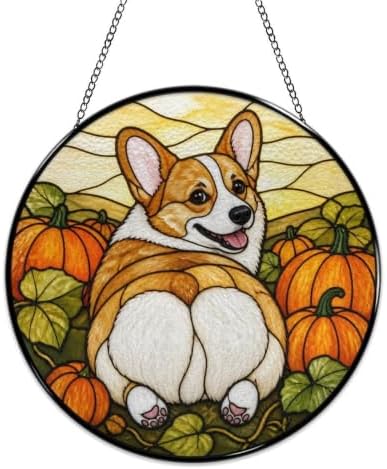 Corgi Butt Pumpkin Field Stained Glass Suncatcher 11.8" Colorful Window Hanging Ornament, Sun Catcher Decor for Bathroom Front Door Living Room Home Wall Garden - Image 4