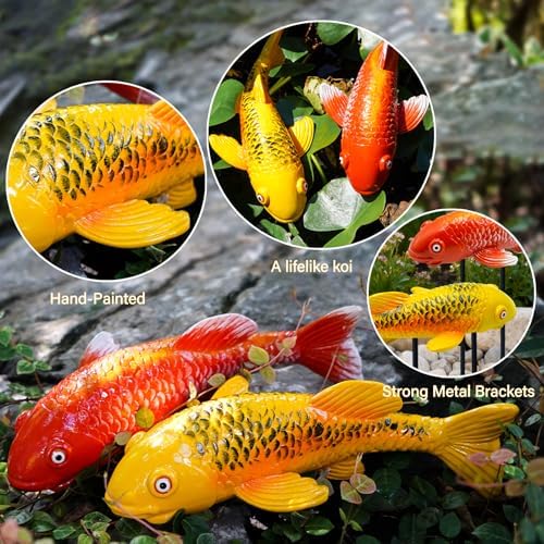 Set of 2 Koi Fish Garden Stakes, Red & Gold Resin Sculptures, Weatherproof Outdoor Patio Pond Decor, Feng Shui Yard Art, Easy Setup Gift(B&Y) - Image 3
