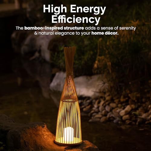 Vintiquewise Hand-Woven Tall Bamboo LED Floor Standing Lantern – Bohemian Wicker Decorative Lamp and Farmhouse Accent for Living Rooms Entryways Patios and Garden, Large - Image 4