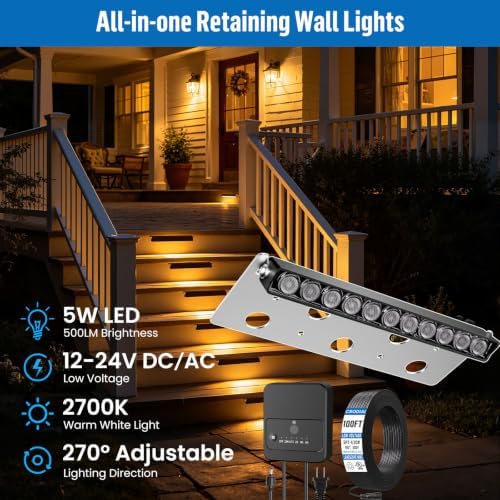 8 Inch Retaining Wall Lights Kit 5W 2700K LED Hardscape Lighting 12-Pack - Image 2