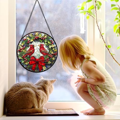 Cardinals Green Wreath Stained Glass Window Hanging Suncatcher Gifts 9.8" - Image 2