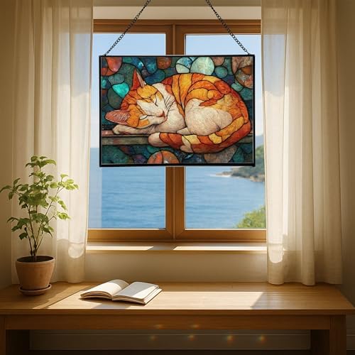 Sleeping Cat Curled in Window Light Rectangular Stained Glass Suncatcher – Hanging Window Panel with Animal & Nature Scene – Vibrant Glass Art Gift for Wildlife, Fantasy, Nature Lovers ZqhdE1 - Image 6