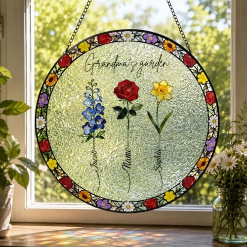 Personalized Grandma's Garden Stained Glass Suncatcher Birth Month Flowers Glass Sun Catcher, Custom Mom's Garden Window Hanging, Mothers Day Grandma Mom Ornament Gifts for Nana Women 11.81" by Unknown