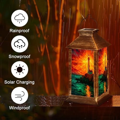 Solar Lantern Sunset Stained Glass Lighthouse Outdoor Garden Hanging Lantern Waterproof Solar Powered Lighting Outside Table Lamp for Deck Yard Camping Patio Decor - Image 5