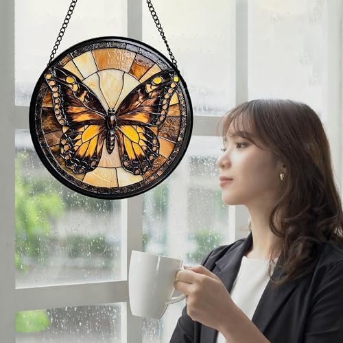 CHATYOUNG Stained Glass Window Hanging Retro Butterfly Large 15" - Suncatcher Door Garden Home Decor and Christmas Mother's Day Birthday Gift for Grandma Nana Mom Women Wife Girlfriend Friend - Image 4