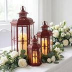 JHY DESIGN Set of 3 Decorative Candle Lanterns 20"&14"&10" H Outdoor Candle Lanterns Vintage Metal Candle Holders for Indoor, Outdoor, Parities, Garden, Porch(Red with Black Brush) - Image 2