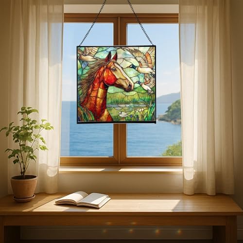 Bay Roan Horse Watching Geese Fly Over Meadow Square Suncatcher – Stained Glass Style Window Panel with Pastoral Scene, Custom Decorative Hanging Art for Equestrian Home, Christmas 1YhChC - Image 5