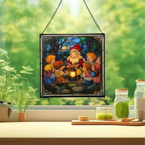 Gnome Storyteller Stained Glass Suncatcher – Square Hanging Window Panel for Home, Garden, Nursery, Halloween, Christmas, Memorial Day – Whimsical Glass Art Gift for Gnome Lovers fnnzk7 - Image 2
