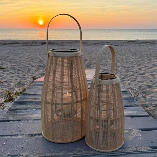 Rattan Bamboo Hurricane Lantern Candle Holder, Cage Design, Glass Insert - Image 2