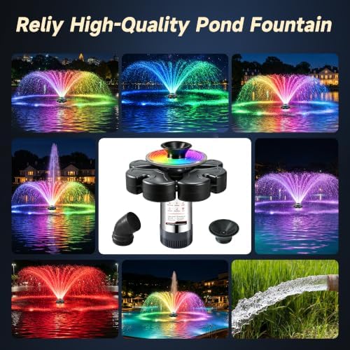 RELIY Pond Fountain Aerator, 50W RGBW Fountain Light 1HP 110V 15000 GPH Fountain Pump, Fully Automatic Powerful Lake Floating Fountain, 100 FT Power Cord, Pond Fountains For Large Ponds - Image 2