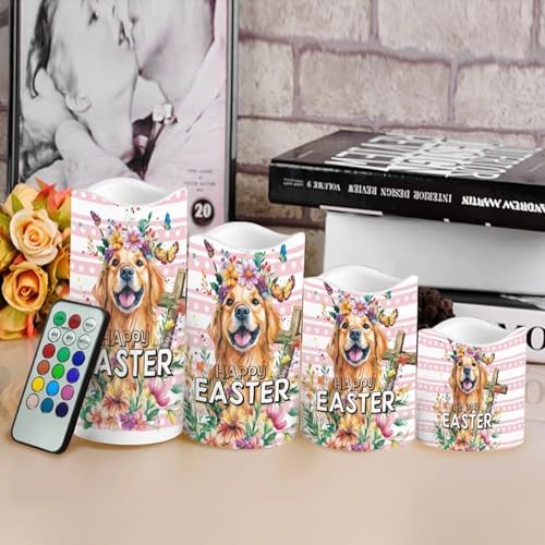 Dog and Cross Flameless Candles with Remote Flickering Led Candles with Timer Set of 4 Electric Pillar Candles Battery Operated Fake Candles for Kitchen Room Home Easter Decor - Image 4