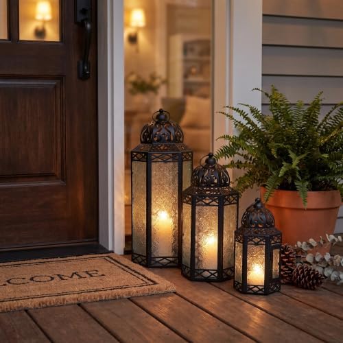 VELA LANTERNS Set of 3 Clear Glass & Black Metal Moroccan Candle Lantern Holders (XL, Large, Small) - Decorative Indoor/Outdoor Decor for Patio, Floor, Weddings & Ramadan - Image 5
