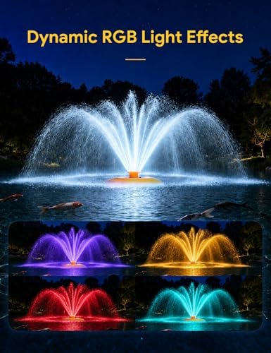 Pond Fountain Aerator with RGB Lights, 1HP 15000 GPH Floating Fountain Pump for Pond & Lake, APP & Remote Control, 110V 750W Water Circulation System, 100FT Cord, 2 Spray Patterns, Timer - Image 4