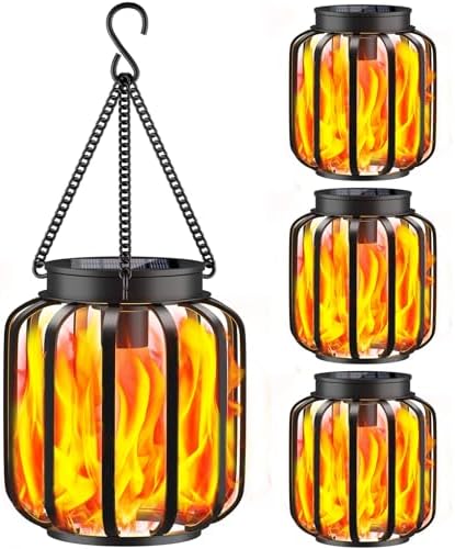 TomCare Solar Lights Outdoor 4 Pack Flickering Flame Metal Hanging Lanterns by TomCare