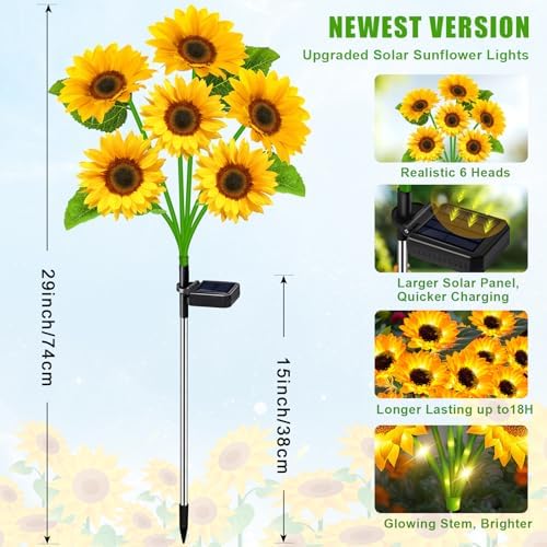 ostritec Solar Lights Outdoor Garden Decor 6 Pack, 36 Sunflower, Waterproof - Image 2