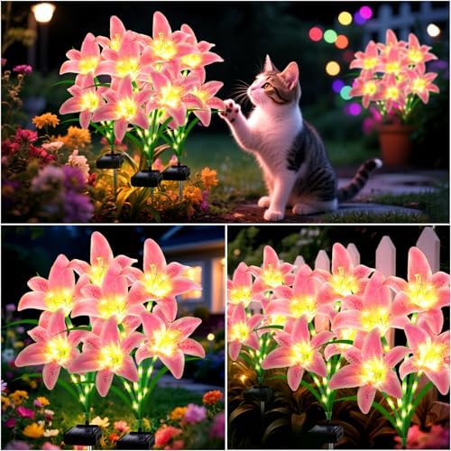 Solar Lights Outdoor, Gift for Women Mom Grandma Wife Daughter, 4 Pack 16 Solar Pink Lily Flower Lights, Solar Flower Lights Waterproof, Outside Decor Stake Light for Landscape Yard Patio Lawn Garden - Image 5