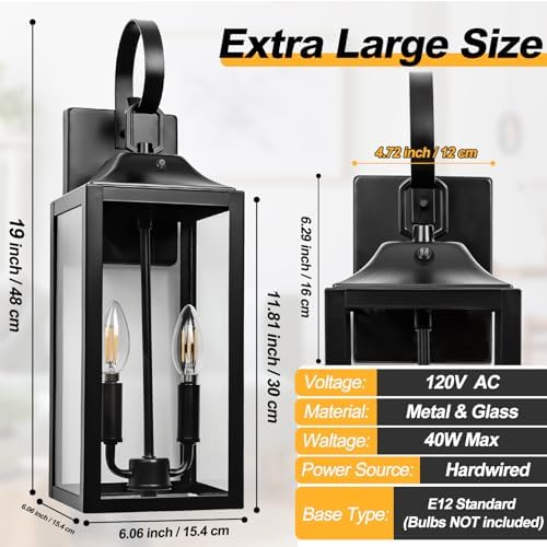 19" Large Dusk to Dawn Outdoor Wall Lantern 2-Light, Modern Porch Lights - Image 5