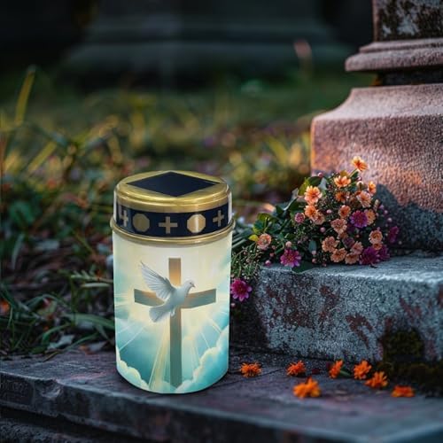 Poceacles Cemetery Candle Grave Lights Outdoor Waterproof Decoration Pathway Lights Garden Solar Candle for Garden Lawn Decor, 2 Pieces, Dove of Peace Cross Cloud Print - Image 3