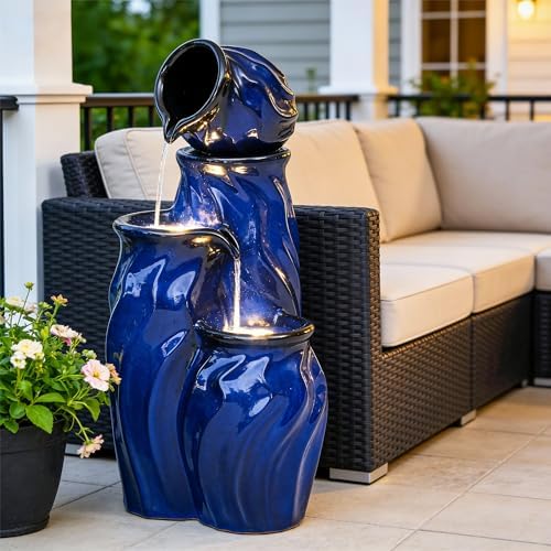 29" Ceramic Water Fountain Outdoor, 4-Tier Dynamic Wavy Design, LED - Image 6
