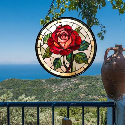 CHATYOUNG Stained Glass Window Hanging Red Rose Large 11.8" - Suncatcher Door Garden Sun Catcher Decor Birthday Valentine's Day Christmas for Men Woman Boy Kids Mom Nana Grandma - Image 3