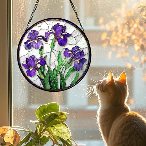 Stained Glass Window Hanging - Purple Iris Flower Sun Catcher for Door Terrace Garden Home Decor, Green Plants Suncatcher Birthday Gifts for Lovers Women Men Dad Mom Nana 9.8 in - Image 6