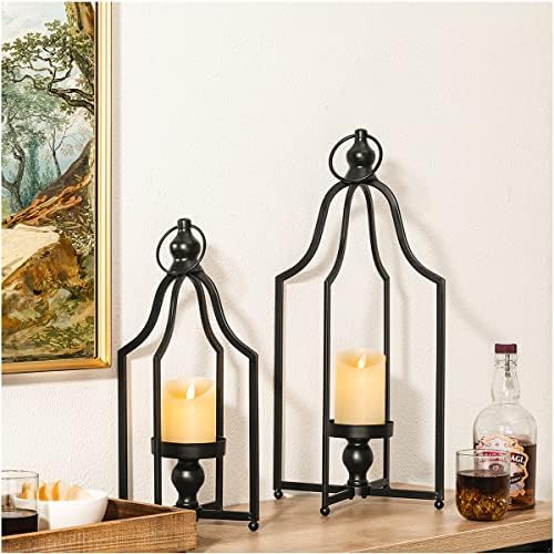 Glitzhome Set of 2 Modern Farmhouse Black Metal Lanterns Decorative Hanging Candle Lanterns for Indoor Outdoor Small&Large (No Glass) by Glitzhome