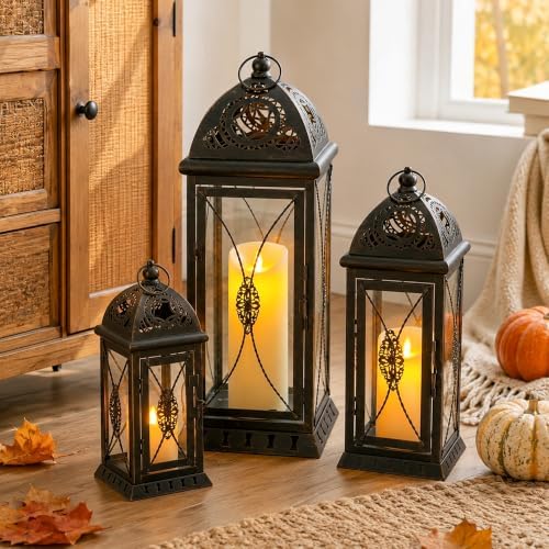 TRIROCKS Set of 3 Large Decorative Candle Lanterns 22''&16"&11" H Vintage Candle Holders for Halloween Garden Yard Patio Wedding Parties Events Christmas Indoors Outdoors(Balck with Gold Brush) by TRIROCKS