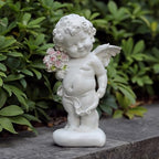 Garden Cupid Angel Statue with Pink Roses, White Cherub Figurine, Outdoor Indoor Decorative Sculpture - Image 4