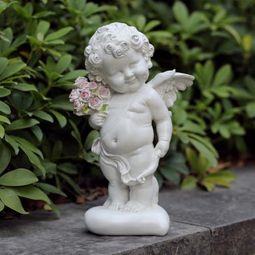 Garden Cupid Angel Statue with Pink Roses, White Cherub Figurine, Outdoor Indoor Decorative Sculpture - Image 4