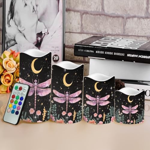 Pink Dragonfly Moon Flameless Candles with Remote Timer Battery Powered LED Candles Color Changing Pillar Electric Fake Candles Bulk for Indoor Set of 4 - Image 4