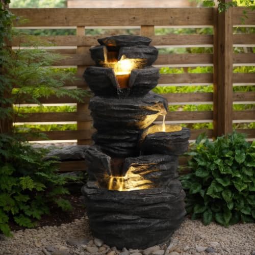 25.6''H Outdoor 6-Tiered Water Fountain with LED Lights, Outdoor Rock Design Cascading Fountains, Landscaping Fountain for Garden, Patio, Deck, Lawn, Balcony, Backyard and Home Decor, Black by Unknown